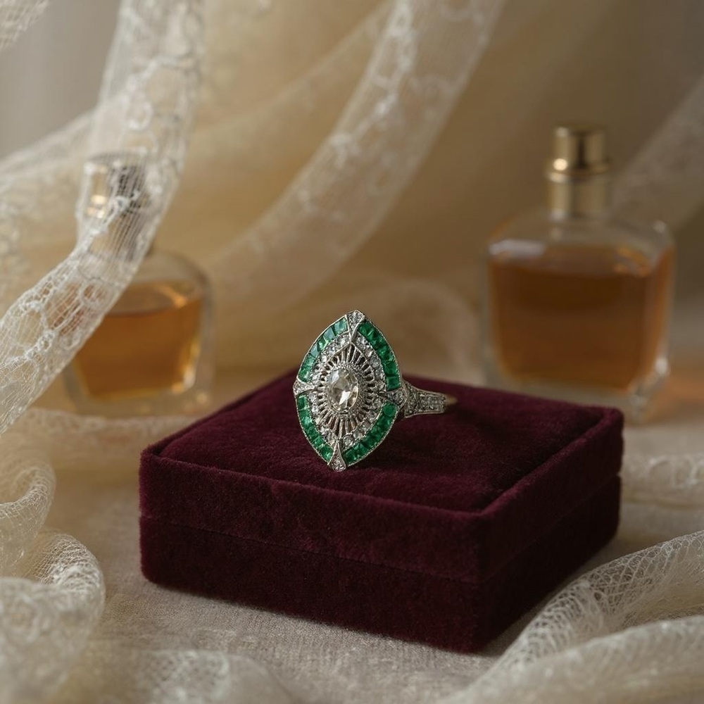 Edwardian Style Fashion Ring with Faux Diamonds and Emeralds